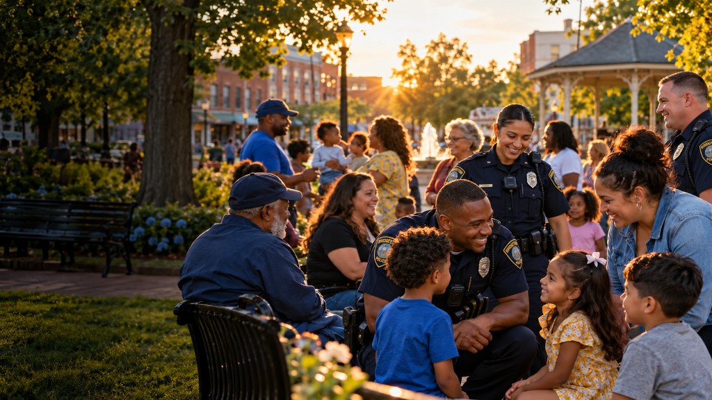 Police officers talking with families and children in a city park at sunset.